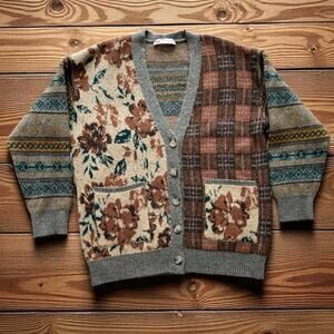 Zara Oversized Slouchy Brown Floral Granny Sweater Cardigan Wool Blend sz Small